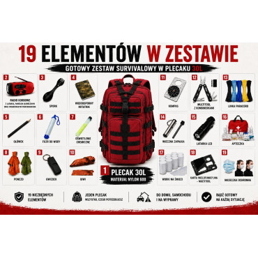 Plecak ewakuacyjny 30L + zestaw survivalowy kolor czerwony