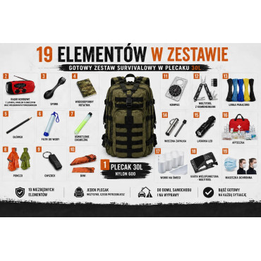 Plecak ewakuacyjny 30L + zestaw survivalowy kolor zielony