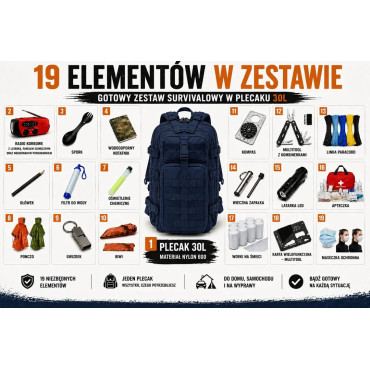 Plecak ewakuacyjny 30L+ zestaw survivalowy kolor niebieski, plecak awaryjny