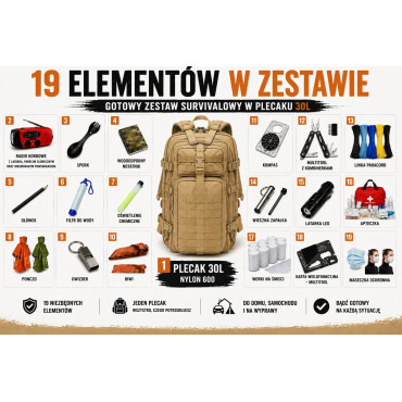 Plecak ewakuacyjny 30L + zestaw survivalowy kolor piaskowy