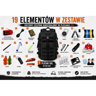 Plecak ewakuacyjny 30L + zestaw survivalowy kolor czarny